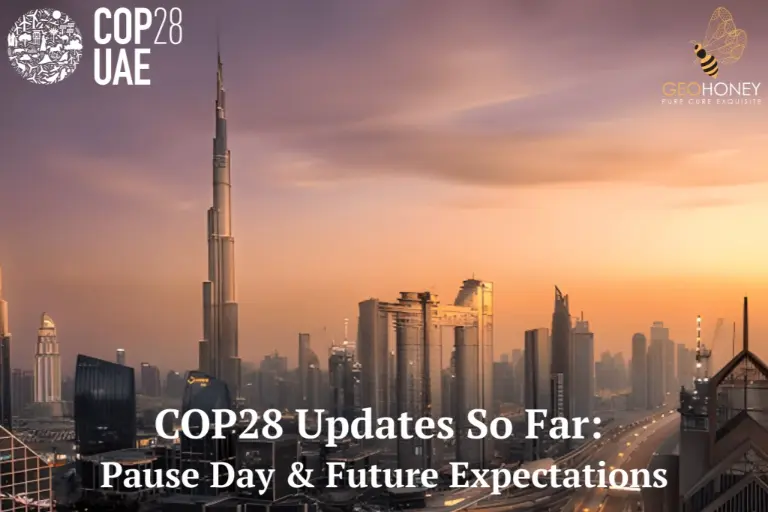 Illustration of COP28 conference logo with text describing key developments.